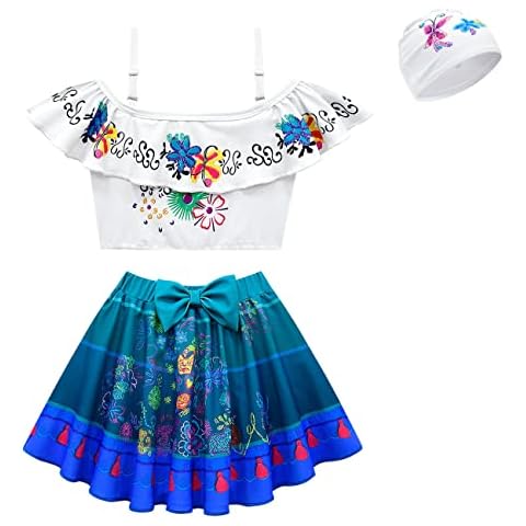 Girls Encanto Mirabel Isabella Pepa Dolores Swimwear Princess Off Shoulder Ruffle Two Piece Bathing Suit, blue, 4-5 Years Cover