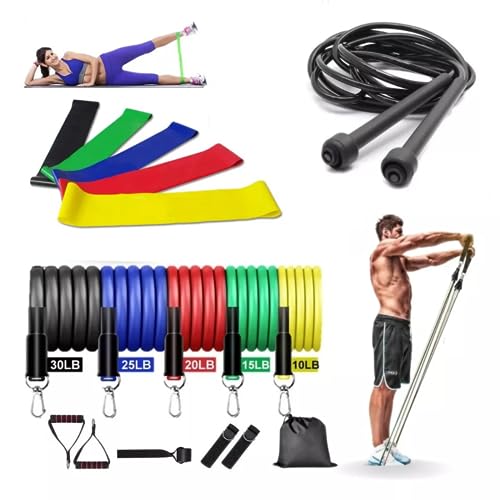 Kit 17 Itens Para Treino e Exercicio Fisico Em Casa - Elástico Extensor Para Exercicio + Corda de Pu