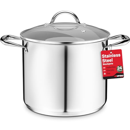 Stainless Steel Stockpot with Tempered Glass Lid 24 Quart Durable 18/0 Stainless Steel Impact-Bonded Base for Even Heating Riveted Handles Oven & All Stove Compatible Safe Up To 500F (260C)