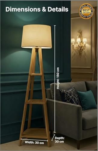 Image of Modern Floor Lamp with Storage Shelves, Wooden Frame, Linen Shade, Standing Light for Living Room, Home Decor