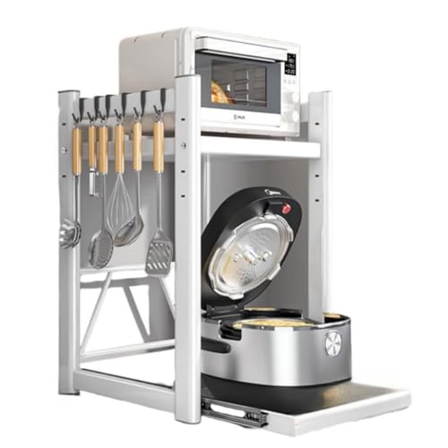 loyfreeyo レンジラック トースターラック 炊飯器置き台 スライドトレー 引き出し付き フック6個付き 棚板高さ調節可 スライドテーブル 耐荷重50kg 安定 丈夫 スリム 省スペース 北欧 新生活 一人暮らし おしゃれ 組み立て簡単 (ホワイト,