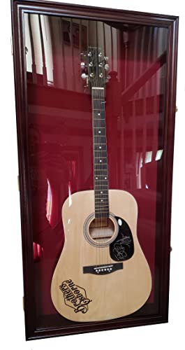 Displaygifts 42" Large Acoustic Guitar Display Case Cabinet, Fit Most Guitars, With Lock, Mahogany Finish (Red Background, Mahogany Finish) #TOP18