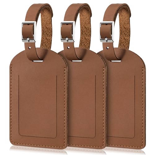 Mayski Genuine Leather Luggage Tags for suitcases 3 Pack Durable Travel Bag Tags with Privacy Flap Travel Essentials TSA Approved Brown