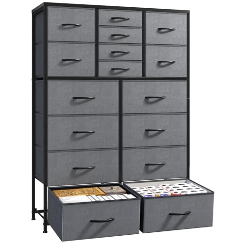 Romorgniz 57“H Dresser for Bedroom with 16 Drawers,Fabric Dressers & Chests of Drawers for Bedroom,Large Dresser, Sturdy Metal Frame & Wood Top,Entryway, Hallway(Grey)