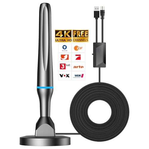 DVBT2 Antenne, zimmerantenne DVB-T & DVB-T2 Antennen mit Verstärker, Großer Reichweite und 360° Empfang, Zimmerantenne für Fernseher mit Starkem Magnetfuß, Geeignet für 4K 1080p & Alle TV-Geräte