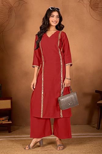 Image of Women Straight-Cut Kurta Pant Set with Subtle Golden Lace Embellishment | Elegant Ethnic Wear for Festive, Office & Casual Use