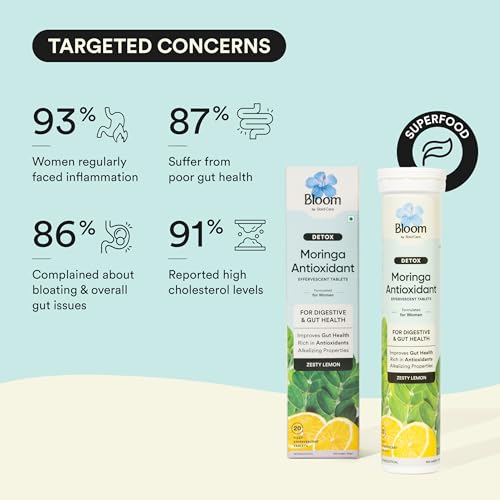 Image of Bloom by Bold Care Moringa Antioxidant Effervescent Tablets | 40 Effervescent Tablets (Pack of 2) | Natural Liver Detox and Gut Health | With Organic Moringa Leaf Powder | Lemon Flavour