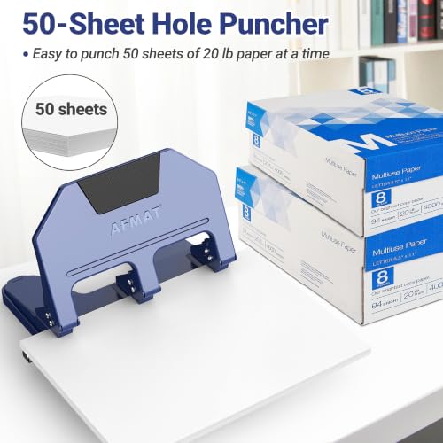 Image of AFMAT 3 Hole Punch Heavy Duty, 9 /32 inch Hole Diameter, 50-Sheet 3 Hole Puncher for Binder, 50% Reduced Effort, Metal Three Hole Punch w / 10,000+ Uses, Bulit-in S.S. Paper Guide, Large Chip Tray, HPX5