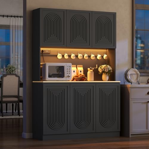 Image of 71 inch Black Kitchen Pantry with Power Outlet & LED Light, Large Kitchen Hutch Cabinet with Adjustable Shelf, Modern Buffet Cabinet with 6 Doors, Food Pantry Storage for Dining Room (Black 6 Doors)