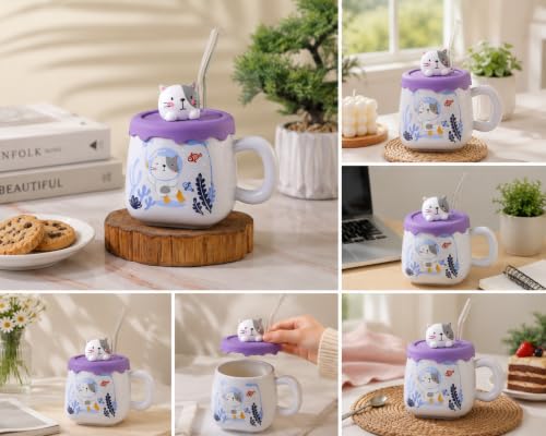 Image of Coffee Mug, Gift for Woman, Birthday Present for Girlfriend, Present for Wife Birthday, Mugs for Present, Holi Gifts, Panda Mug with Lid & Spoon Kids Milk Mug (Cat With Sea Fishes Purple)