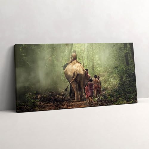 Des enfants et un éléphant tableau sur toile 100x50cm pour une décoration poétique