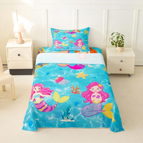 Image of jejeloiu Mermaid Bed Sheets Sets Twin Size Kids Boys Girls Tropical Ocean Bedding Set Blue Pink Bed Sheet Set with 16-Inch Deep Pockets Mermaid Tail 3Pcs with 1 Pillow Cases