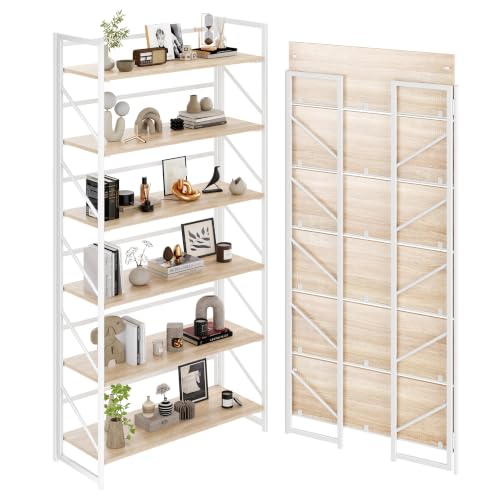 Image of JSB 6 Tier No Assembly Folding Bookshelf, 30.7 inch Wide Foldable Storage Bookcase for Home Office, Space-Saving Storage Shelf for Living Room (White)