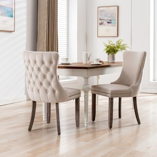 A&A Furniture Upholstered Wing-Back Dining Chair with Backstitching Nailhead Trim and Solid Wood Legs Velvet Beige High Back Support Room, Sitting Apartment Elegant Home D cor