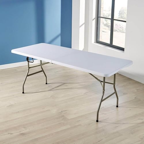 Home Source Trestle Table with Carry Handle (5 Feet) White – Multi-Purpose Folding Table – Heavy Duty for Camping Catering BBQ Picnic Party – 70D x 153W x 74H cm