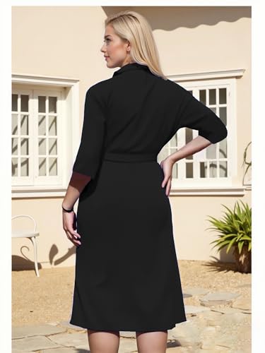 Image of Hostoyo Plus Size Wrap Dress Elegant Pleated Formal Midi Dresses Suit Collar 3 /4 Sleeve Belted Casual Church Outdoor Office