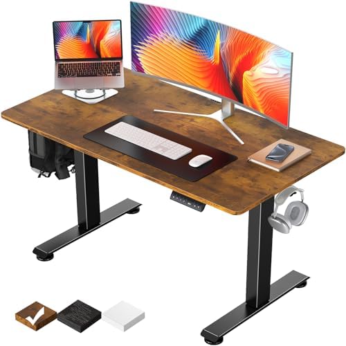 Veken 48 x 24 Inch Electric Standing Desk, Height Adjustable Sit Stand Up, Wood Desktop, Work Home Office Computer PC Table, Tall Standup Workstation, Gaming Writing Study Bedroom Rising Desks, Brown