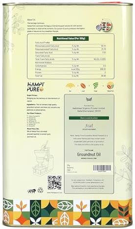 Hampi Pure Premium Cold Pressed Pure Groundnut Oil (Peanut) - 100% Natural, Unrefined, Wood Pressed, Rich in Nutrients, 5 Litre
