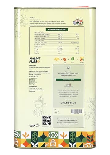 Hampi Pure Premium Cold Pressed Pure Groundnut Oil (Peanut) - 100% Natural, Unrefined, Wood Pressed, Rich in Nutrients, 5 Litre