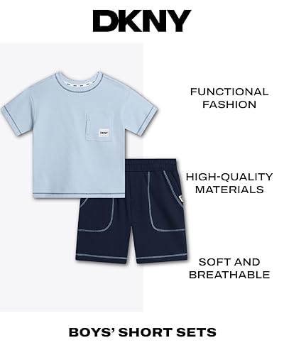 Image of DKNY Toddler Boys Short Sets - 2 Piece Knitted Crewneck T Shirt & Matching Fleece Toddler Shorts for Toddlers and Baby Boys