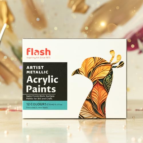 Flash Metallic Acrylic Colour Set | 12 Color Set | 15ml, 1.7 fl oz Each | High Pigment Strength | Non Fading | Indoor/Outdoor | Non Toxic | Multi-Surface Paint | Pro Artist, Hobby Painters & Kid