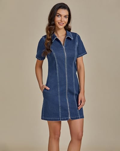 luvamia Denim Dresses for Women Summer Casual Zip Up Short Sleeve Western Short Stretchy Jean Dress with Pockets3