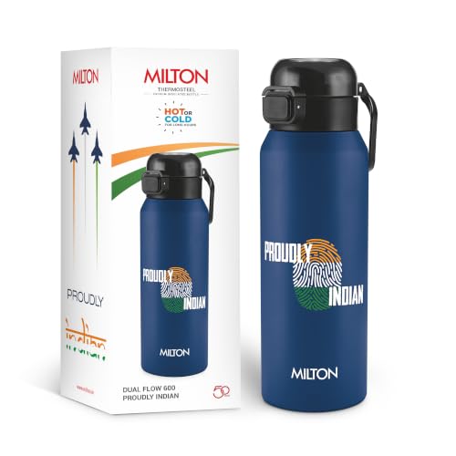 Image of Milton Dual Flow 600 Thermosteel Proudly Indian Water Bottle 595 ml, One Touch Safety Lock & Twin Lid Sip or Gulp,Long Hours Hot & Cold,Leak Proof,ISI Certified,Vacuum Insulated,Office,Gym,School,Blue