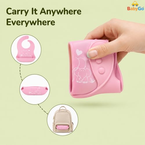 Image of BabyGo Silicone Baby Bib for Feeding & Weaning Infants & Toddlers |Waterproof, Washable & Reusable | Adjustable Neckline, Lightweight & Foldable Bib with Deep Food Catcher Pocket |Pink (Pack of 1)