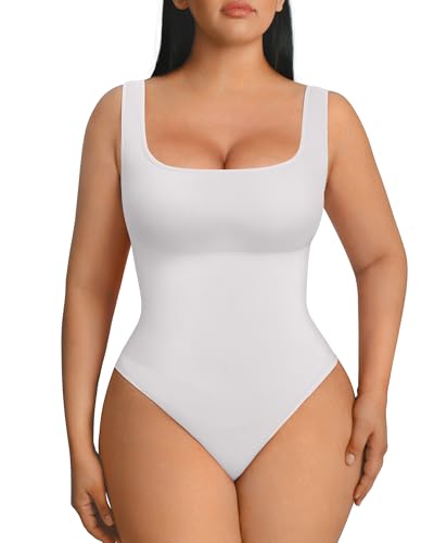 FeelinGirl Bodysuits for Women Plus Size Bodysuit Tank Tops Seamless Square Neck Tummy Control Bodysuit White 5XL