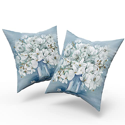 Dzglobal Watercolor Gardenia Throw Pillow Cover Set Of 2 White Flower In Blue Bottle Square Pillow Case Floral Pattern Cushion Covers 18 X 18 Inch For Home Car Wedding Decorative #TOP1