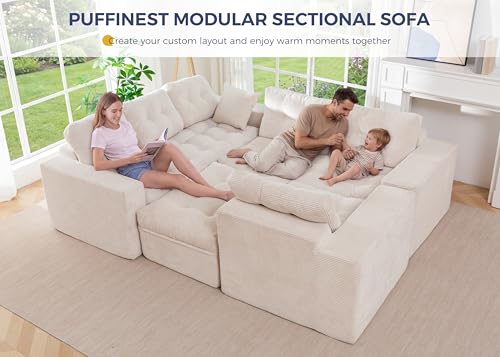 Image of MAXYOYO Modular Sectional Sofa with Ottoman and Loveseat, Cloud Boneless Couch with Layered Cushion, Flexible Module Combination Sofa for Living Room, No Assembly Required,Beige