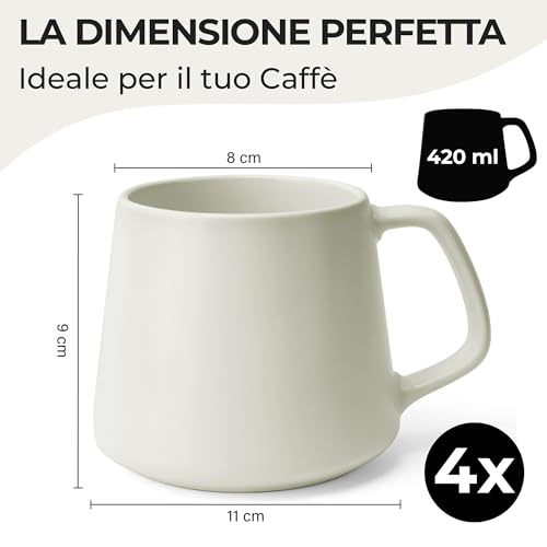 MIAMIO - Set di Tazze da Caffรจ (Set di 4) / Grandi Tazze in Ceramica (420 ml) - Tazza per Cappuccino, Tรจ, Espresso - Adatto al Microonde e alla Lavastoviglie - Collezione Luxe (Bianco) - immagine 3