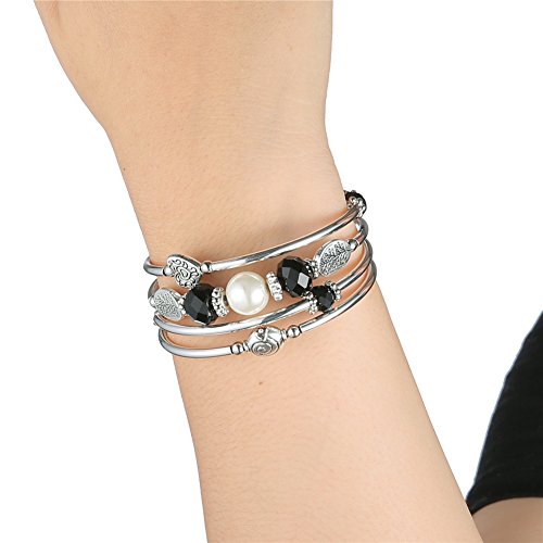 BULINLIN Beaded Silver Bangle Wrap Bracelet for Her, Layered Bohemian Bracelets with Natural Stone, Jewellery Gifts for Women Ladies