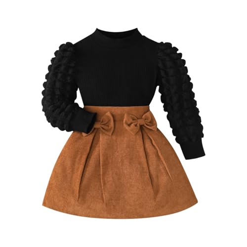 Image of Noubeau Toddler Girls Plaid Outfits Girls Puff Sleeve Knit Ribbed Shirt Tops Plaid Skirt Set Kids Fall Winter Clothes