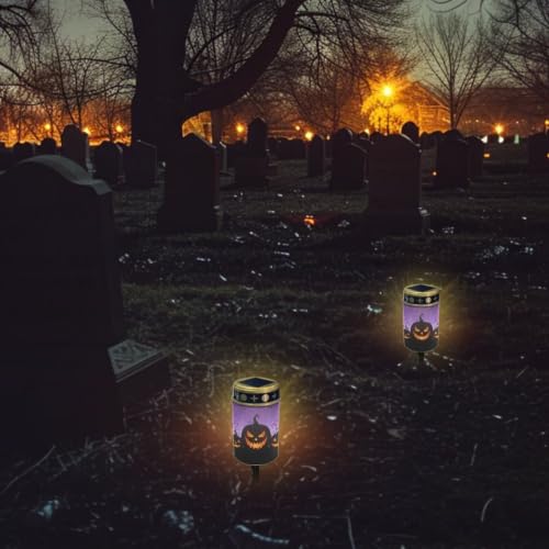 Image of Poceacles Outdoor Solar Powered Cemetery Lights Grave Outdoor Stake Lights Garden Solar Lantern Flameless Candles Halloween Garden Decoration, Pumpkin Bat Print Violet