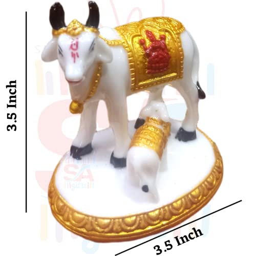 S A GIFTS Sai Amrut Handicraft Decorative Polystone Cow and Calf Big Statue/Idol for Gift Home Decor 3 inch (White Golden), Religious