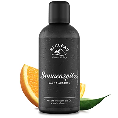 BERGBAD Saunaaufguss BIO ORANGE PUR 100ml, SONNENSPITZ wohltuendes, erfrischendes Sauna-Aufgussmittel mit Bio-Alkohol, Wasser und 100% naturreinen ätherischen BIO Ölen Cover