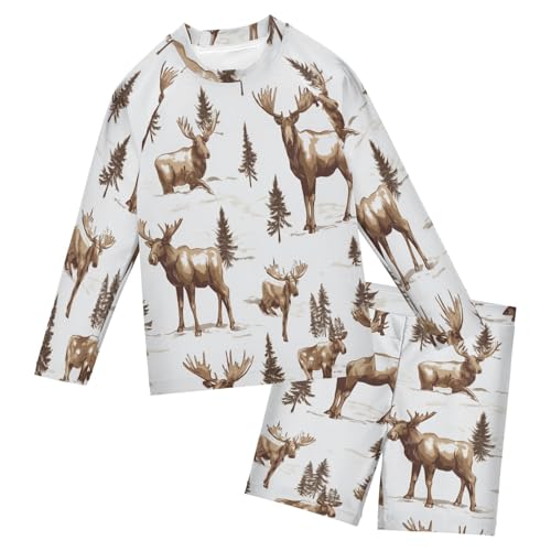 Xmas Tree Moose Boys Swimsuit Rash Guard Toddler Kids Long Sleeve Swim Shirt and Trunks Swimwear Set 3-10Y