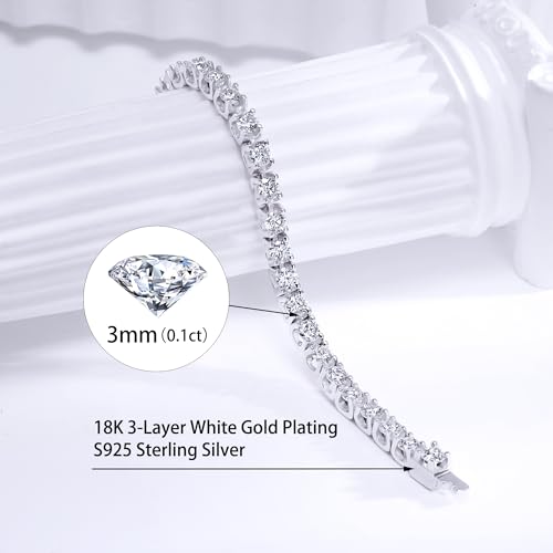 Moissanite Tennis Bracelets for Women, 925 Sterling Silver 18K White Gold Plated Bracelet Jewelry, 3MM Dainty Wedding Bracelets for Women Trendy Birthday Anniversary (3mm 6.3in)2