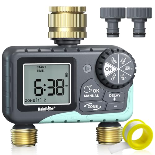 RAINPOINT Ordenador de riego de 2 salidas con entrada y salida de latón, retardo de lluvia/manual/automático temporizador de riego programable para jardín