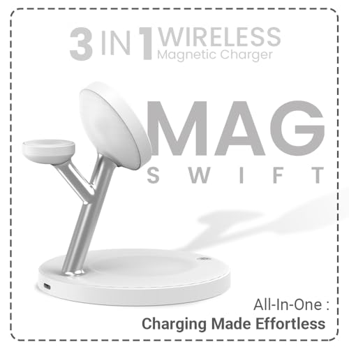 Image of Toreto Mag Swift Magnetic Fast Charging Station with 30w Adapter with C to C Cable for Magsafe Devices, Wireless Charger, for iPhone 16 /15 /14 /13 /12, Apple Watch & AirPods (White)
