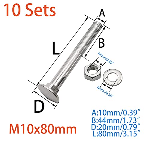 Image of 10 Sets Long Square-Neck Carriage Bolts Set,Carriage Bolts Set w /Nuts & Flat Washers,Zinc-Plated,Carbon Steel Grade 4.8,Plain Finish,Partial Threaded(M10-1.5X80mm)