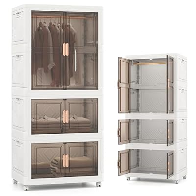 KOMFOTTEU Armario de Dormitorio Plegable 421 L, Caja de Almacenamiento con 4 Ruedas, Contenedor de Plástico con 10 Perchas, Organizador Portátil con Cierres Magnéticos, 71 x 46 x 156 cm