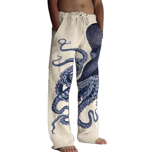 Men's Japanese Art Octopus Graphic Printed Casual Pants, Men's Traditional Sashiko Art Linen Blend Casual Pants