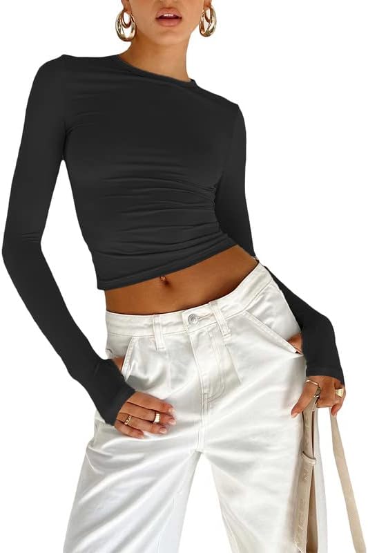 Women's Ribbed Knit Shirts Long Sleeve Solid Color Slim Fit Crop Top Crew Neck Blouse Lightweight Basic Tight Tees