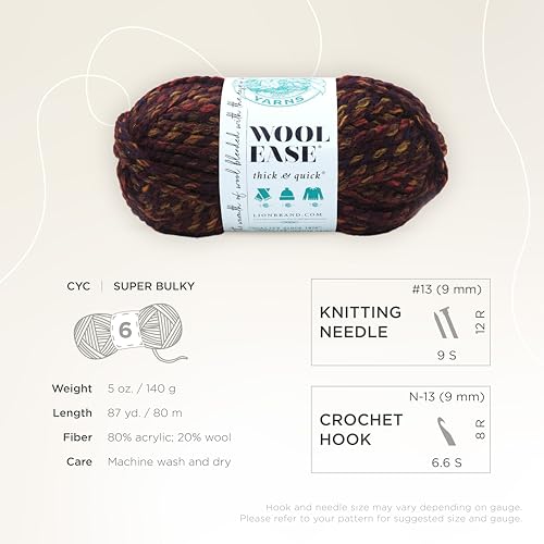 Image of Lion Brand Yarn Wool-Ease Thick & Quick Yarn, Soft and Bulky Yarn for Knitting, Crocheting, and Crafting, 1 Skein, Harvest | Super Bulky Wool Acrylic Blend Fiber for Soft Hats, Sweaters, Chunky Blankets, Yarn for Crochet, Knitting, Crafts, Weaving