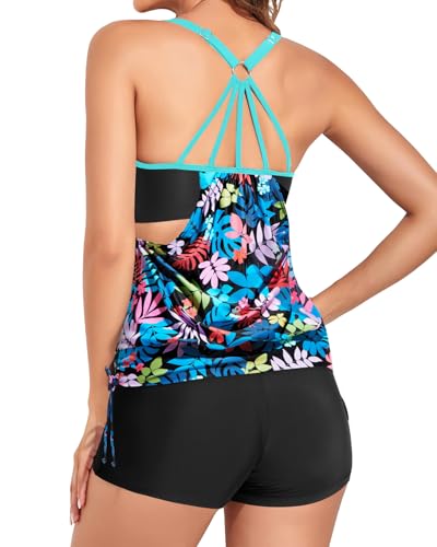 Image of Holipick Blouson Tankini Swimsuits for Women - Two Piece Tummy Control Bathing Suit with Shorts Modest Swimwear