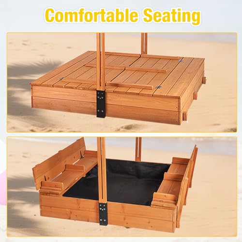 Sandbox with Cover,Large Wooden Sand Box with lids Foldable Beench Seats,Sand Boxes for Backyard Garden, Beach Patio Outdoor (GUT05)