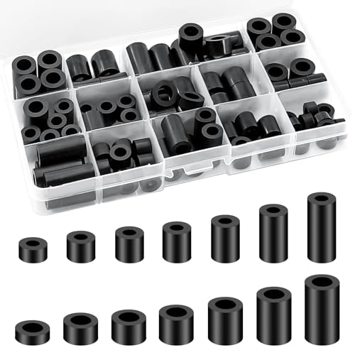euluoziqing 90pcs ABS Round Spacers Washer Assortment Kit, Insulation Spacer for M6 M8 Screws, Non-Threaded Column Standoff Support Spacer with Storage Box, 14 Different Sizes (Black)
