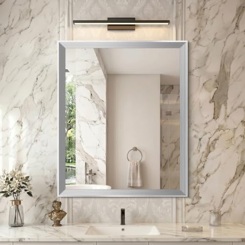 Image of DESBING 30 inchx36 inch Silver Bathroom Mirrors for Over Sink | Tempered Glass, Metal Frame, Rectangle Vanity Wall Mirror for Bathroom, Living Room, Bedroom, Horizontally or Vertically